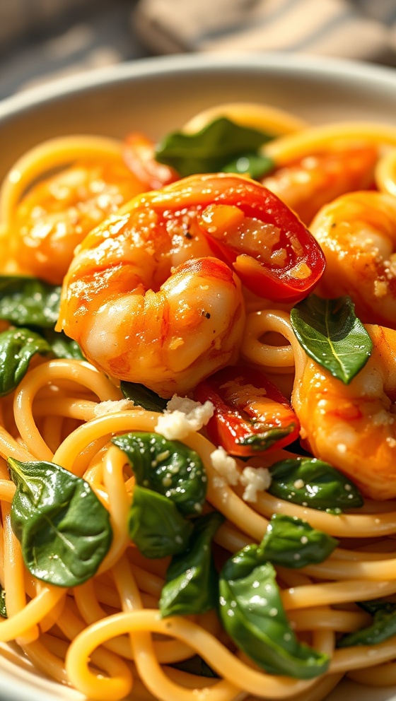 Shrimp Tomato Spinach Pasta In Garlic Butter Sauce Recipe